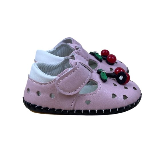 Xinqi Baby Girls Pink Cherry Design Heart Cutouts & Adhesive Strap Shoes Sz 16 - Picture 3 of 7